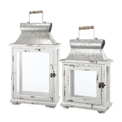 Rustic Wooden Candle Lanterns - Set of Two, Decorative Hurricane Lantern Holders for Indoor Outdoor Use - Home, Garden, Wedding Decor