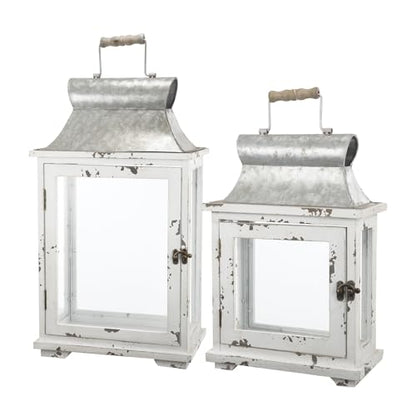 Rustic Wooden Candle Lanterns - Set of Two, Decorative Hurricane Lantern Holders for Indoor Outdoor Use - Home, Garden, Wedding Decor