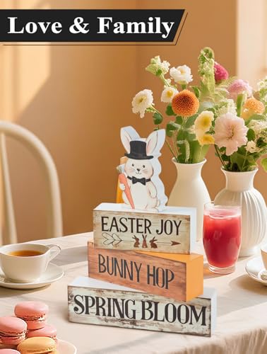 Spring Easter Dec Bunny Wooden Tabletop Decor with Easter Joy/Bunny Hop/Spring Bloom Signs, Spring Farmhouse Spring Table Decorations for Home Indoor, Green Purple Beige Wood Blocks Set of 4 - size: Easter Rabbits-B
