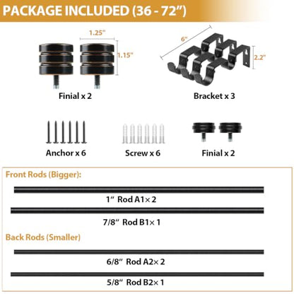 TONIAL 1 Inch Double Curtain Rods for Windows, 36 to 72 Inch, Black - color: Black, size: 36-72"