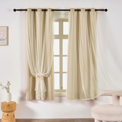 indistar Home Blackout Curtains Double Layer Solid Sheer Grommet Top Window Curtain Panel Pair, 35Wx63L,Cream - color: Cream, size: 35"W x 63"L (Pack of 2)
