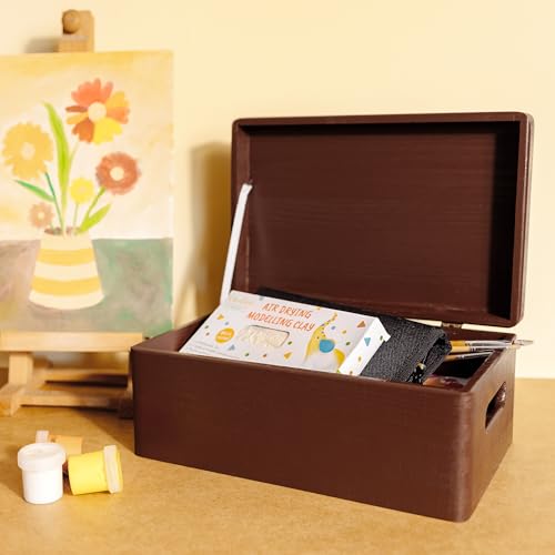 Creative Deco Large Brown Wooden Box Storage with Hinged Lid - color: Brown, size: L | Handles
