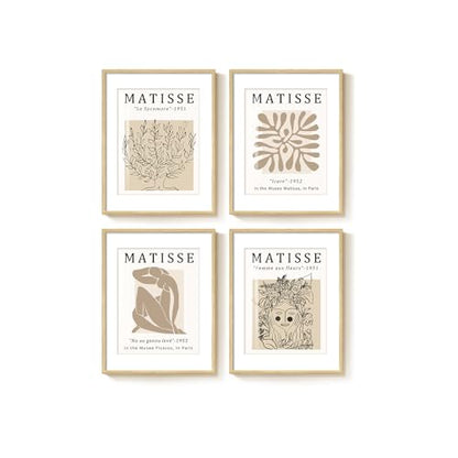 Framed Neutral Beige Matisse Abstract Wall Art for Bathroom, 12x16 Inch - color: Neutral, size: 12" W x 16" H x 4Pcs