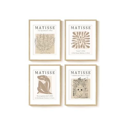 Framed Neutral Beige Matisse Abstract Wall Art for Bathroom, 12x16 Inch - color: Neutral, size: 12" W x 16" H x 4Pcs