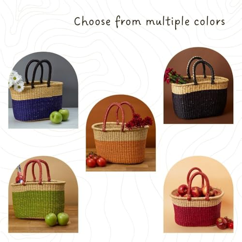 African Market Basket with Leather Handles, Blue Woven Bolga Market Basket, 12" Wide - color: Blue
