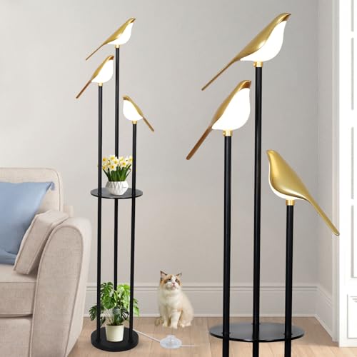 Black and Gold Floor Lamp, Bird Floor Lamp with Shelves, Modern floor Lamps for Living Room, 3-Light Corner Standing Lamp, LED Stand Up Lamp, Tall Lamp for Bedroom, Office, Cute Lighting Decor - color: Black & Gold