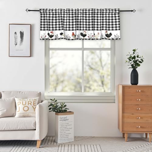 Buffalo Check Plaid Valances for Windows Farmhouse Rooster Kitchen Curtains Rustic White and Black Design Window Treatment Rod Pocket Valances for Kitchen Living Room 54 x 18 Inch, 1 Panel - color: Black and White