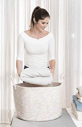OrganiHaus Round Toy Basket & Blanket Basket, Cotton Rope 20x13" - color: Stitches Rainbow, size: Wide