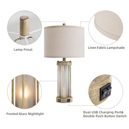 RORIA Farmhouse Table Lamps Set of 2 for Living Room with 2 USB Ports - color: Earthy Gray
