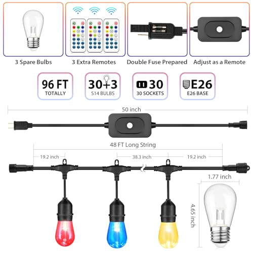 Larkvue 96FT(2X48FT) RGBW Outdoor String Lights with Remote, 8 Modes, Black