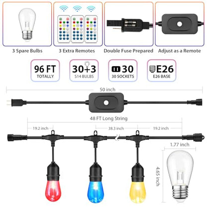 Larkvue 96FT(2X48FT) RGBW Outdoor String Lights with Remote, 8 Modes, Black