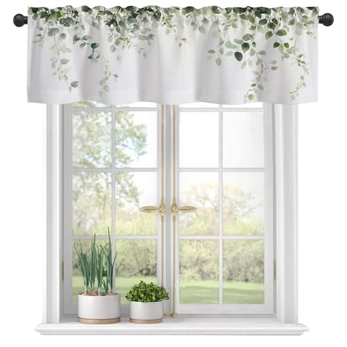 Curtain Valances,Watercolor Green Leaf Vine Plant Semi Sheer Kitchen Windows Valances,Rod Pocket Short Window Treatment Light Filtering Decor Valances for Kitchen Living Room Bedroom - 54"x18" - color: Watercolor Green Leaf Vine Plant, size: 18"W x 54"L (