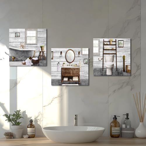 Visual Art Decor Bathroom wall Art Farmhouse Bathroom Decor Painting, Framed Canvas Wall Art 12x12inchx3Pieces (Grey) - color: Grey