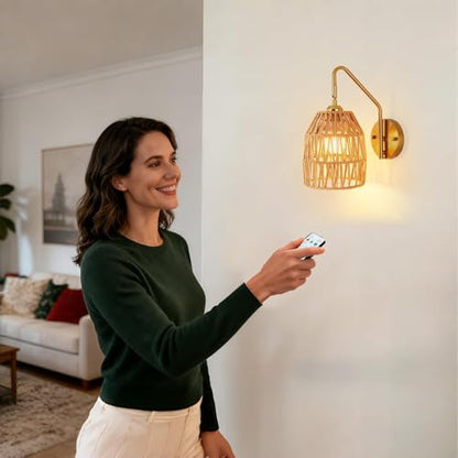 Rattan Battery Operated Wall Sconce Set of Two,Rechargeable,Remote