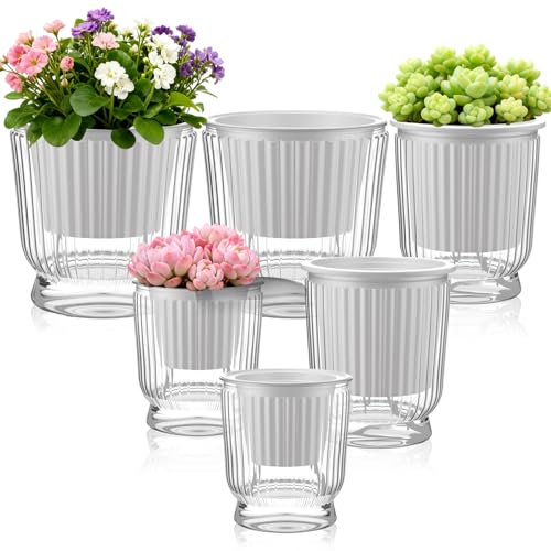 Set of 6 Self Watering Plant Pot 3 Sizes Plastic Double Layer Self Watering Flower Pot with Multi Mesh Drainage Holes Wicking Reservoir for Indoor Outdoor Garden Plants(White) - color: White