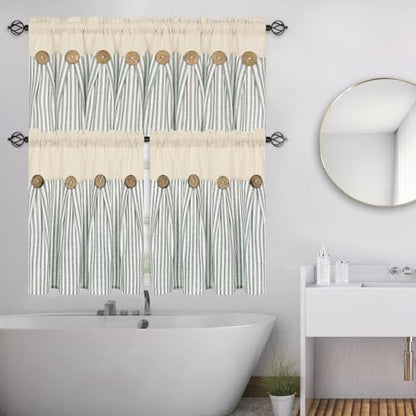 ASPMIZ Farmhouse Kitchen Curtains 24 Inch Length, Green Stripe, 2 Panels - color: Beige&green, size: 26"W x 24"L (Pack of 2)