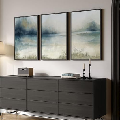 Large Framed Blue Nature Landscape Wall Art for Living Room, 3 Piece 24x36 - color: Misty Lake, size: 24" W x 36" H x 3pcs