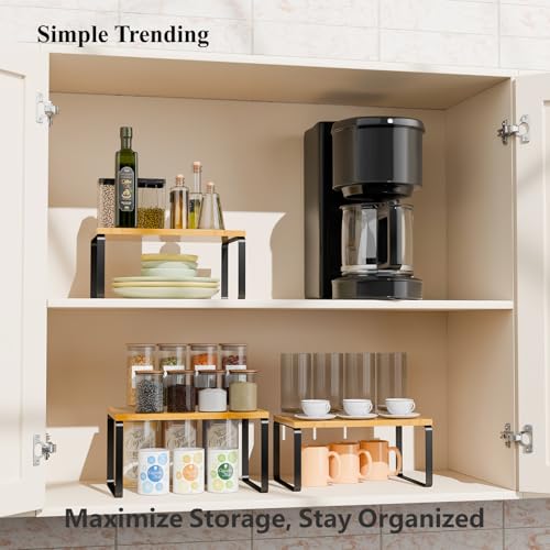 Simple Trending Bamboo Cabinet Organizer Shelf, Set of 3 Kitchen Counter Shelves, Stackable Expandable Spice Rack Kitchen Storage, Black and Natural - size: Set of 3 Shelves