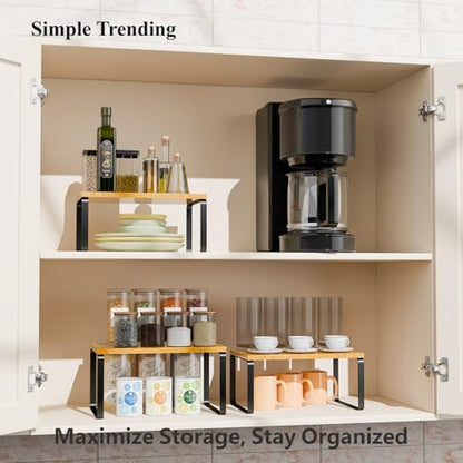 Simple Trending Bamboo Cabinet Organizer Shelf, Set of 3 Kitchen Counter Shelves, Stackable Expandable Spice Rack Kitchen Storage, Black and Natural - size: Set of 3 Shelves