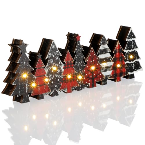Yousoontic Christmas Table Decorations Rustic Lighted Wooden Centerpiece - style: Red Pine Tree