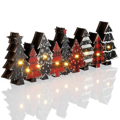 Yousoontic Christmas Table Decorations Rustic Lighted Wooden Centerpiece - style: Red Pine Tree