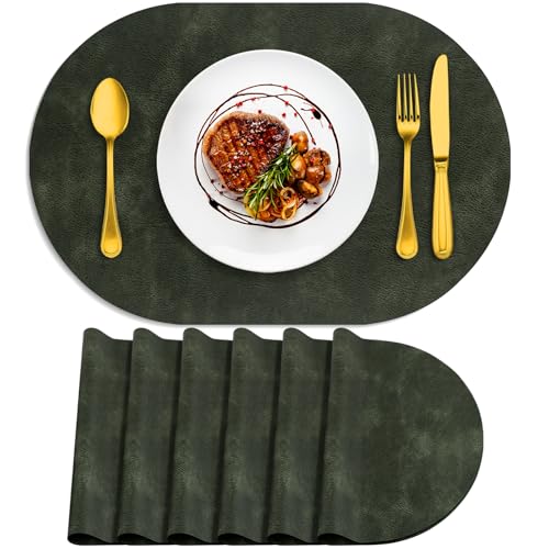 ADRIMER Oval Placemats Set of 6, Wipeable Faux Leather, Olive Green - color: Olive Green