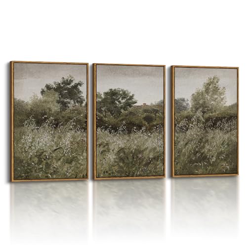InSimSea Oversized Vintage Landscape Art, Grassland Picture, 3Pcs,16x24in | Framed Canvas Artwork, French Country, Rustic Farmhouse Decor, Bedroom Above of Bed Living Room Hallway - color: Grassland