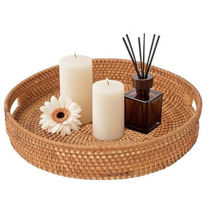 Round Rattan Serving Tray, Natural Wicker Decorative Tray for Serving, Fruit/Bread Serving Basket, Round Woven Tray with Handles.(Large:13.8inch) - size: 13.8"