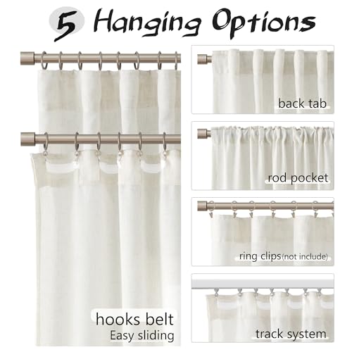 Joywell Linen Curtains 86 Inches Long for Living Room Hook Belt Cream - color: Natural, size: 52"W x 86"L (Pack of 2)