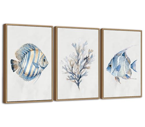 NINEASO Nautical Framed Wall Art - Tropical Fish Watercolor Canvas Pictures, Navy Blue Grey Coral Painting Minimalist Coastal Artwork Living Room Bathroom Wall Decor, Natural Wood Frame, 36 x 24in * 3 - color: Navy Blue Fishes and Coral, size: 36"L x 24"W