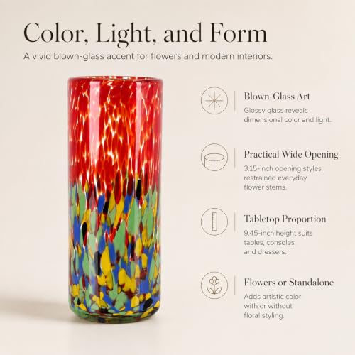 9.45in H Sea Glass Cylinder Vase Unique Hand Blown Glass Vase for Flower - color: Red Green