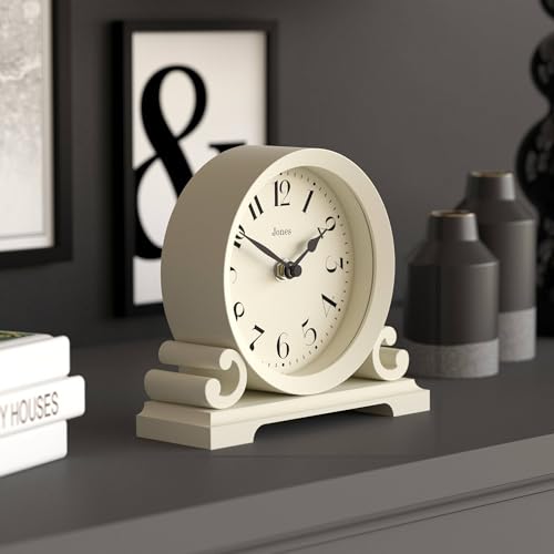 JONES CLOCKS® Saloon Mantel Clock | Small Traditional Double Scroll Design | Pale Cream | Contemporary Classic Style for Desk, Table, Shelf or Bedside - color: Linen White