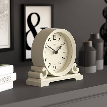 JONES CLOCKS® Saloon Mantel Clock | Small Traditional Double Scroll Design | Pale Cream | Contemporary Classic Style for Desk, Table, Shelf or Bedside - color: Linen White