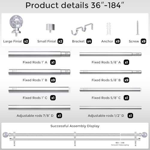 Double Curtain Rod 36-184 Inch, Adjustable Crystal Dual Rod Silver - color: Silver, size: 36"-184"