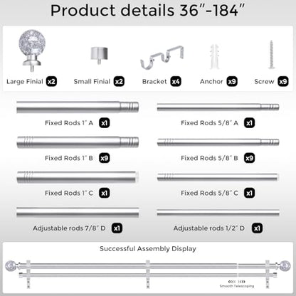 Double Curtain Rod 36-184 Inch, Adjustable Crystal Dual Rod Silver - color: Silver, size: 36"-184"