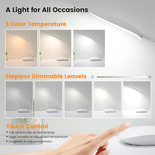 Portable Battery Powered Desk Lamp Small Rechargeable LED Table Light - color: White (2PACK)