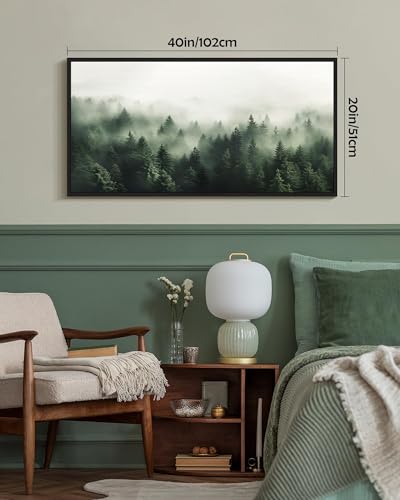 SHENIFY Green Fog Pine Tree Forest Vintage Framed Wall Art Modern Landscape Scenery Farmhouse Artwork Prints Decor for Hallway Bedroom Living Room Dining Room - 20x40in Black Framed - color: Fog Pine Tree Forest, size: 40"L x 20"W