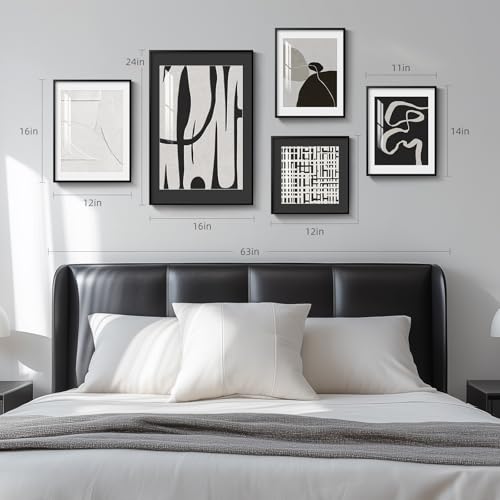 Framed Black and White Modern Abstract Wall Art for Living Room, 5 Piece - color: Minimalist