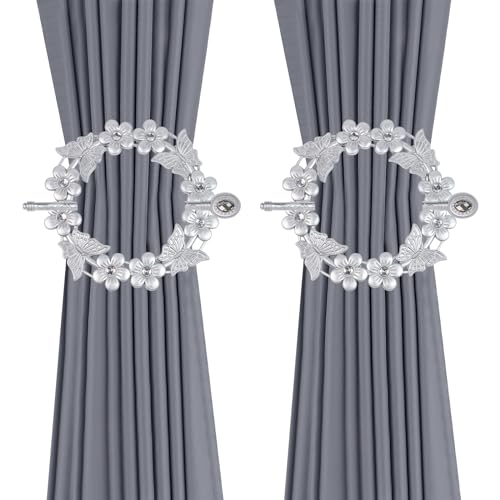 2pcs Silver Curtain Tiebacks, Flower Butterfly Drapery Holdbacks - style: Silver Butterfly