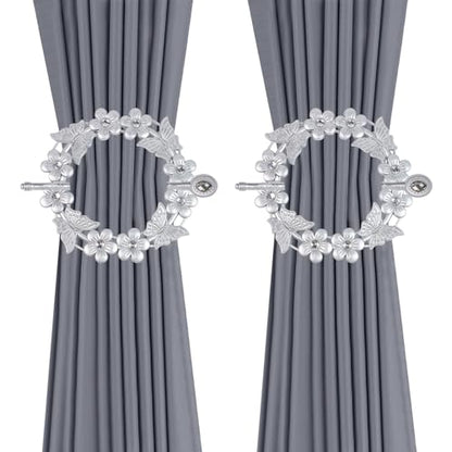 2pcs Silver Curtain Tiebacks, Flower Butterfly Drapery Holdbacks - style: Silver Butterfly