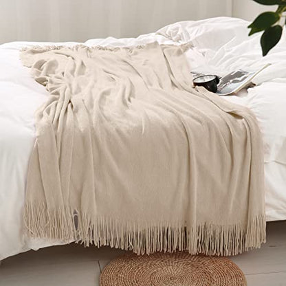 Homiest Taupe Knitted Throw Blanket with Fringe, 50x60 Inch - color: Light Beige, size: 50" x 60"