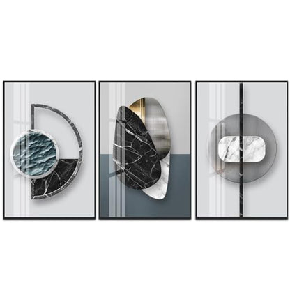 QKF 3Pcs Abstract Marble Geometric Crystal Surface Framed Canvas Wall Art - color: Black Ash, size: 24" X 32" X 3 pieces