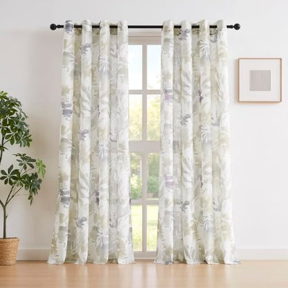 Natural Taupe Linen Semi Sheer Curtains for Fall 55x84" Country Leaf Print - color: Gromme Top- Semi Sheer- Taupe, size: 55"W x 84"L (Pack of 2)