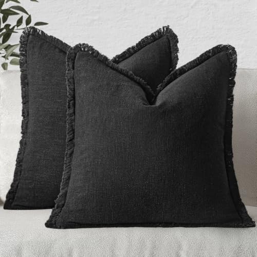 MIULEE Boho Linen Fringe Decorative Throw Pillow Covers Black 18x18 - color: Black, size: 18" x 18" (Pack of 2)