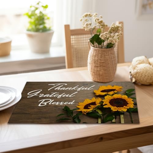 Sunflower Placemats Set of 4 Thankful Grateful Blessed Religious Sunflower Placemats Resistant Place Mats Kitchen Decor Dining Decoration for Party, Sunflower Kitchen Decor - style: Sunflower 1