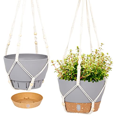 QCQHDU 2 Pack Hanging Planters for Indoor Outdoor Plants, 10 Inch Hanging Baskets Flower Pots with Reservoir Tray & Visible Water-Level (Macrame Hanger) - color: Light Grey, size: 10 inch with Macrame Hanger