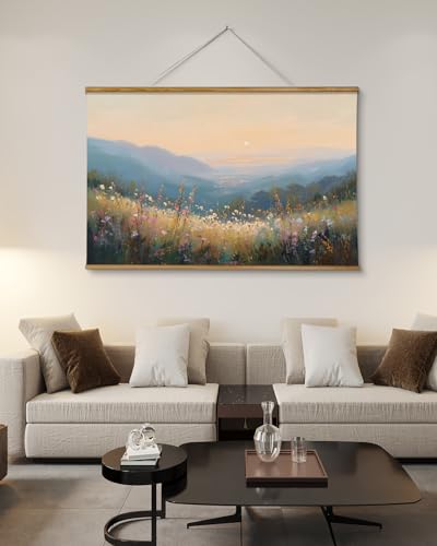 VIYYIEA Extra Large Canvas Wall Art - Sunset Mountain Landscape, 36x54 Inch - color: Sunlit Hills Beyond the Blooming Flowers