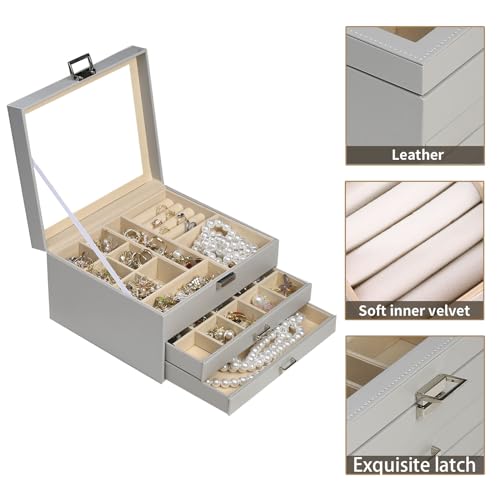 BOOVO Clear Lid Jewelry Box,3 Layers Jewelry Organizer Large Jewelry Storage Box with 2 Drawers,Jewelry Holder Organzier of Rings Earrings Necklace Bracelets for Women (Grey, 3 Layer) - color: Grey, size: 3 Layer