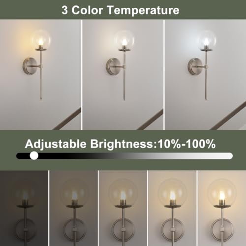 Globe Battery Operated Sconce Set of 2 with Clear Glass Lampshade - color: Brushed Nickel-Clear