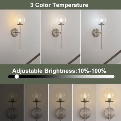 Globe Battery Operated Sconce Set of 2 with Clear Glass Lampshade - color: Brushed Nickel-Clear